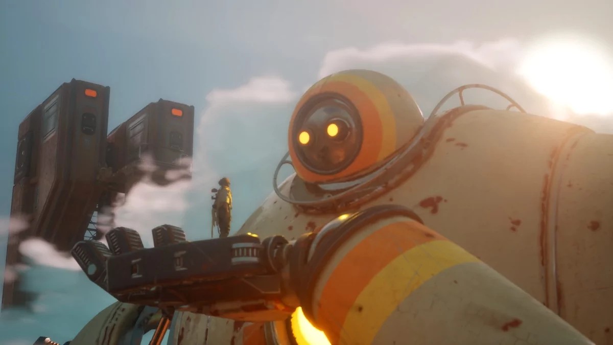 Hello Sunshine med en överlevare och en gigantisk robot i en öken
